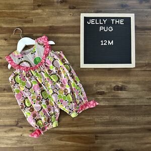 Jelly The Pug Montrose Britany Romper Bubble Pink Brown Floral Sleeveless 12M